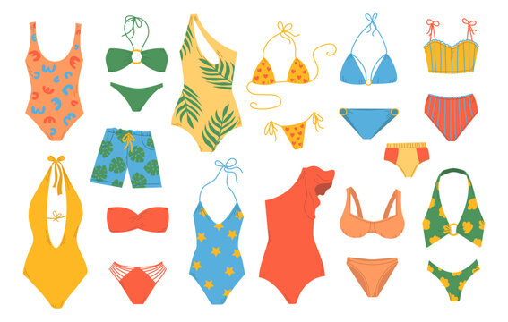 Big set female and male beach clothes. Summer swimsuit, bikini, monokini. Stylish modern swimwear design. Flat hand drawn colorful vector illustration isolated on white background.