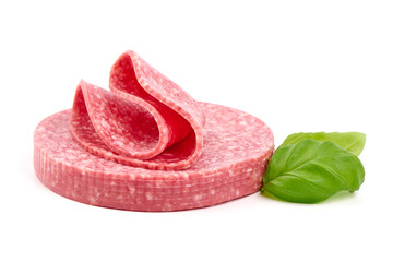 Thinly sliced salami sausage, Isolated on white background.
