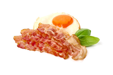 Cooked bacon rashers with egg, american breakfast, close-up, isolated on white background.