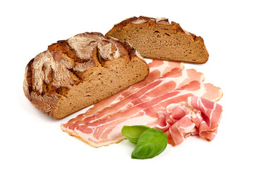 Rustic Bread with bacon slices, close-up, isolated on a white background.