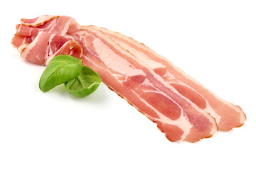 Smoked bacon. Streaky brisket slices, isolated on white background.