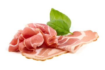 Smoked bacon. Streaky brisket slices, isolated on white background.