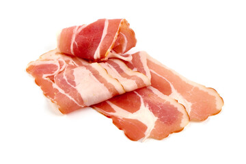 Smoked bacon. Streaky brisket slices, isolated on white background.