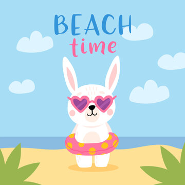 Cartoon baby rabbit in heart shaped sunglasses and swim ring. Cute blue bunny standing on the beach. Summer vector illustration for childrens book, poster, t shirt