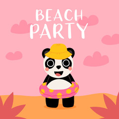 Cute cartoon baby panda in hat and swim ring smiling on the beach. Summer vector illustration for childrens book, poster, t shirt