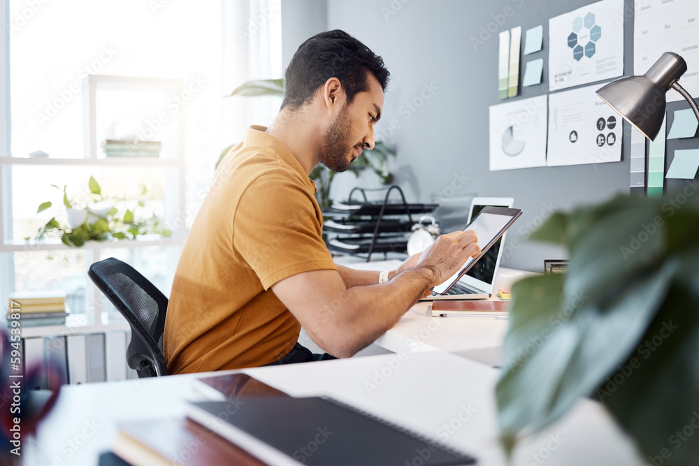 Poster office tablet, project focus and man typing, scroll or monitor online ui statistics, feedback data o