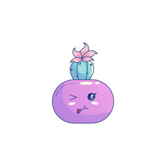 Cute Kawaii Cactus in pot with face. Cute pastel succulent kawaii smaile. Cactus character in pot. Vector graphic illustration.