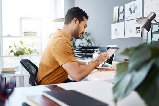 Office tablet, project focus and man typing, scroll or monitor online UI statistics, feedback data or insight analysis. Creative business agency, SEO research and person working on app design process