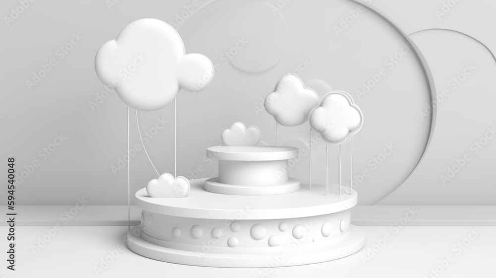 Poster abstract minimal scene with white podium and clouds. 3d render illustration generative ai