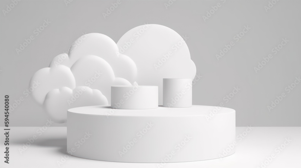 Poster 3d render of white podium with clouds. abstract minimal scene. generative ai