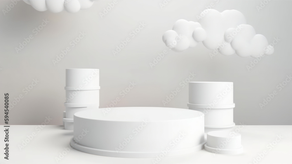 Poster 3d rendering of white round podium for product presentation with cloud background generative ai