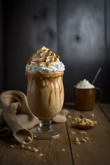 A cup of latte with ice whipped cream and caramel. Latte whipped cream. Generative AI.