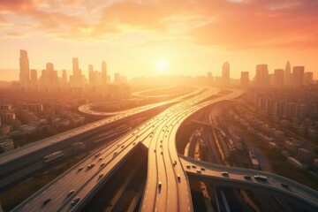 Obraz premium Highway metropolis at sunset. Generate Ai