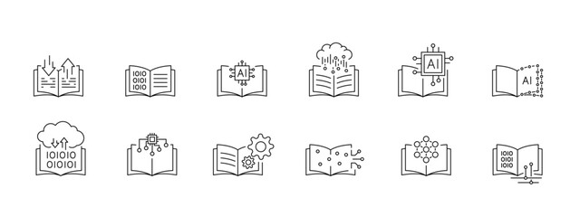 Artificial intelligence text writting icon set in line style, machine learning, digital AI technology illustration