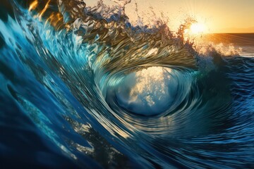 Inside a beautiful cresting wave inside ocean wave barrel and rays light. Generative AI. - obrazy, fototapety, plakaty