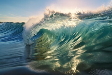 Inside a beautiful cresting wave inside ocean wave barrel and rays light. Generative AI.