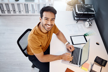 Office laptop, business portrait or happy man typing internet, web or online research for...