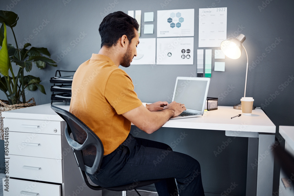 Poster laptop, office or man typing online research for media design project, illustration process or app d