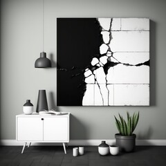 Wall cracks abstract painting minimalist black and white. Generative AI.
