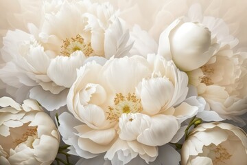 White ethereal background filled with white peony flowers. Generative AI. - obrazy, fototapety, plakaty