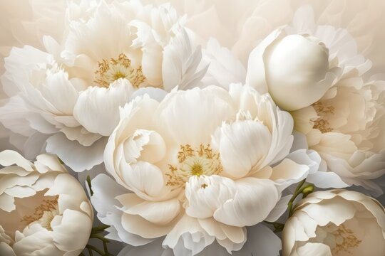 White ethereal background filled with white peony flowers. Generative AI.