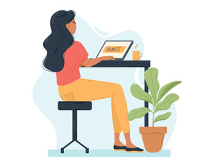 Fototapeta na wymiar Young Flat Woman sitting at a desk with a laptop and cup of tea or coffee. Donation online. Cartoon design element, working or studying at home office.