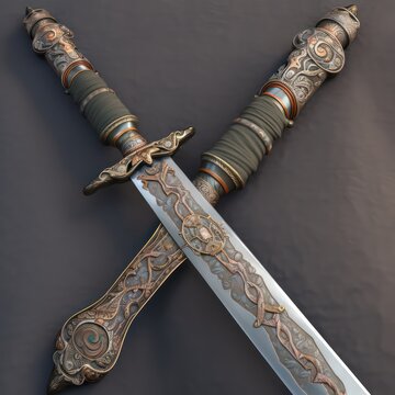 High quality expensive sword from a fantasy fairy tales theme. 3d art illustration of fantasy sword. Generative AI. 