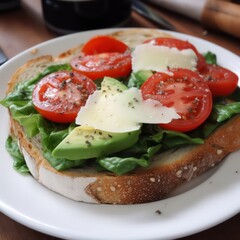 Fototapeta na wymiar Tomato sandwich. Tomato sandwich with rocket salad. Generative AI.