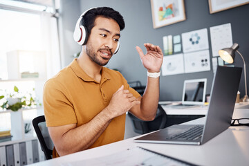 Video call, laptop and man explain on webinar or virtual meeting for business planning in his...