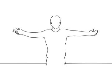 male silhouette with arms outstretched - one line drawing vector. concept confident pose, shrug