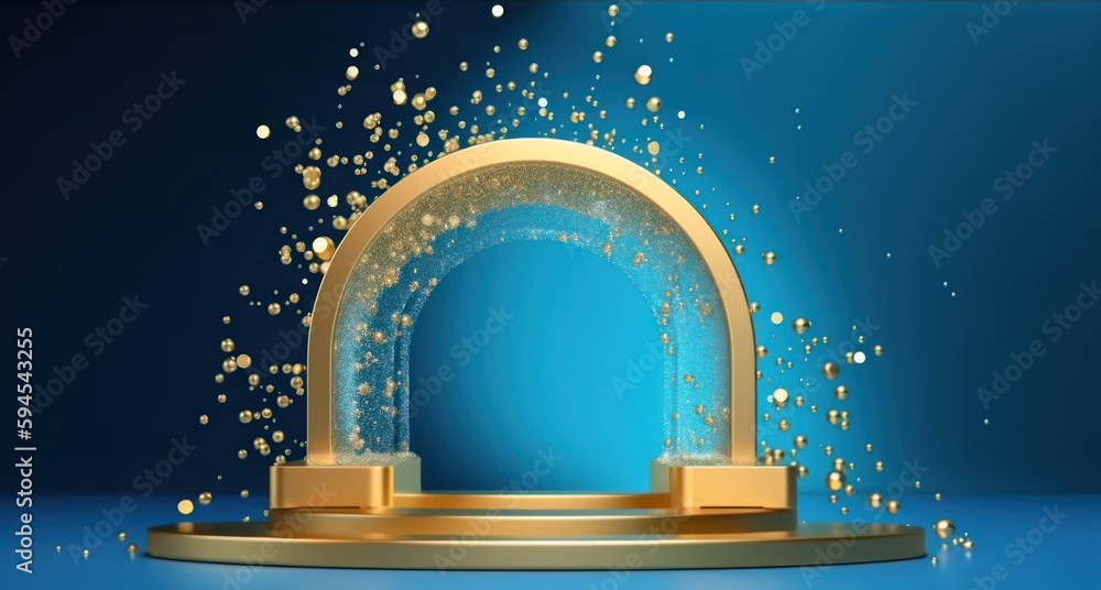 Aufkleber illustration golden arch with fluid display podium sparkling bubbles floating around on blue backgro