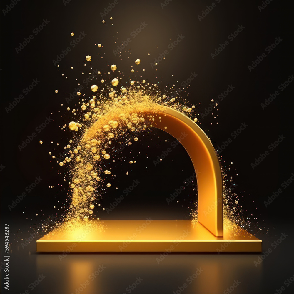 Poster illustration golden arch with fluid display podium sparkling bubbles floating around generative ai