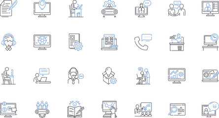 Functioning line icons collection. Operation, Performance, Execution, Mechanism, Activity, Workflow, Flow vector and linear illustration. Behaviour,Implementation,Functionality outline signs set