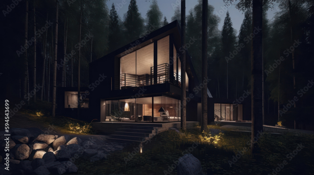 Poster 3d rendering of modern cozy chalet with pool and parking for sale or rent. beautiful forest on backg
