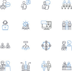 Parley line icons collection. Discussion, Talk, Conversation, Dialogue, Debate, Negotiation, Converse vector and linear illustration. Conference,Discourse,Speak outline signs set