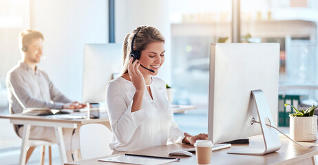 Call center, computer and listening with woman in office for customer service, technical support...