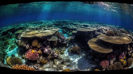 Fototapeta na wymiar Underwater Scene - Tropical Seabed With Reef And Sunshine with Generative AI