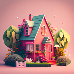 Cute little isometric cozy house with small garden. Generative AI.