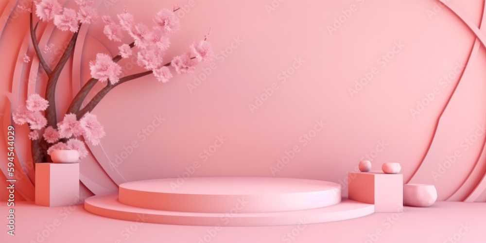 Poster 3d rendering of minimal product display podium with cherry blossom background. generative ai