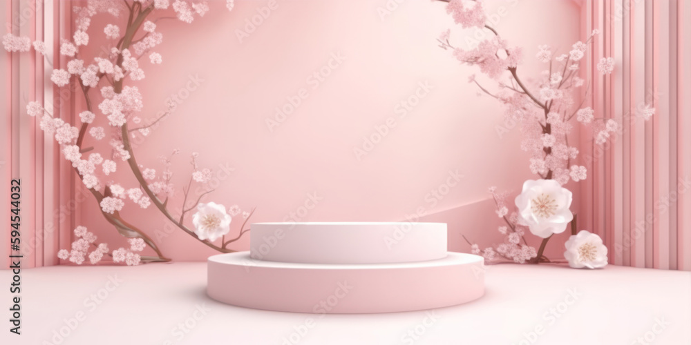 Poster 3d render of podium for product presentation with cherry blossom background generative ai