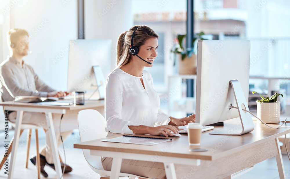 Poster call center, computer and consulting with woman in office for customer service, technical support an