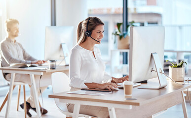 Call center, computer and consulting with woman in office for customer service, technical support and advice. Technology, contact us and communication with happy employee operator in help desk agency - obrazy, fototapety, plakaty