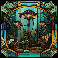 Mushrooms in Art Nouveau style. Imitation of an old stained glass window. Generative AI.