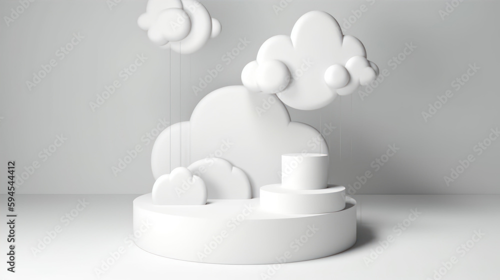 Poster 3d render of white podium with clouds. abstract minimal scene. generative ai