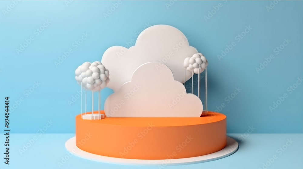 Poster 3d rendering of minimal display podium with clouds and cotton candy. generative ai