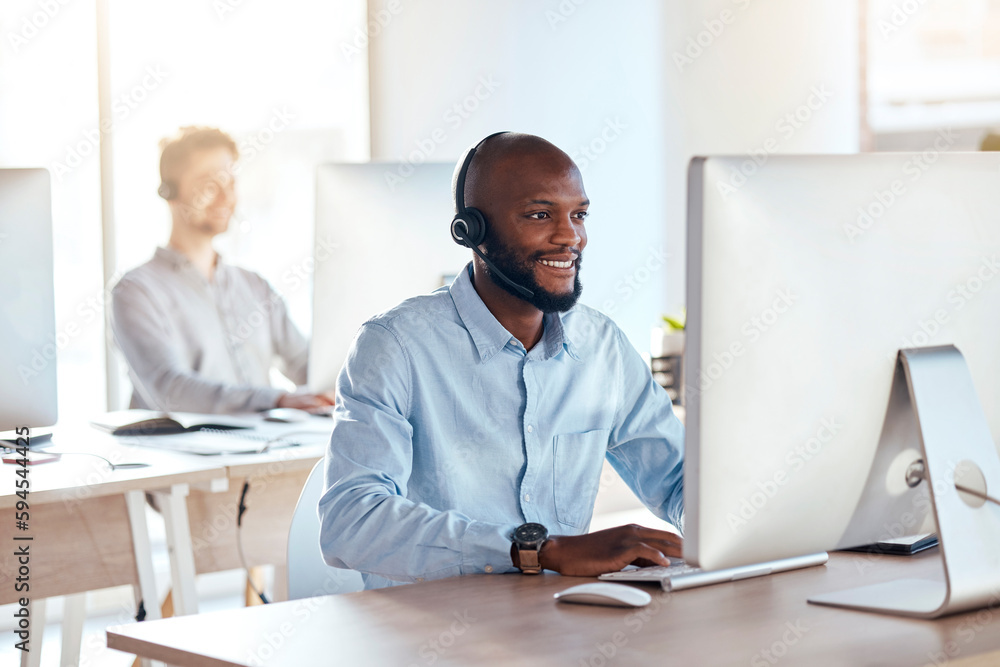 Poster call center, computer and online with black man in office for customer service, technical support an