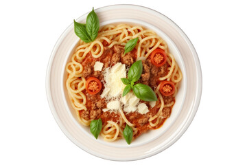 Spaghetti bolognese with parmesan and basil top view. PNG with transparent background. Generative AI