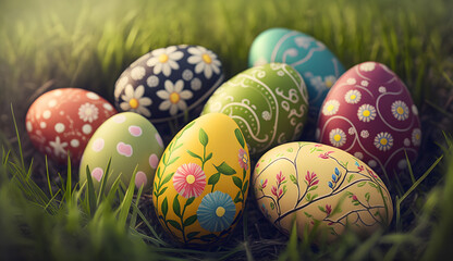Fototapeta na wymiar A collection of painted easter eggs celebrating a Happy Easter on a spring day