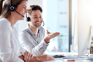 Computer, collaboration and call center with a consultant team working in customer service for...