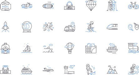 Fototapeta premium Rambling rovers line icons collection. Travel, Adventure, Trekking, Exploration, Hiking, Camping, Roadtrip vector and linear illustration. Backpacking,Nature,Trails outline signs set